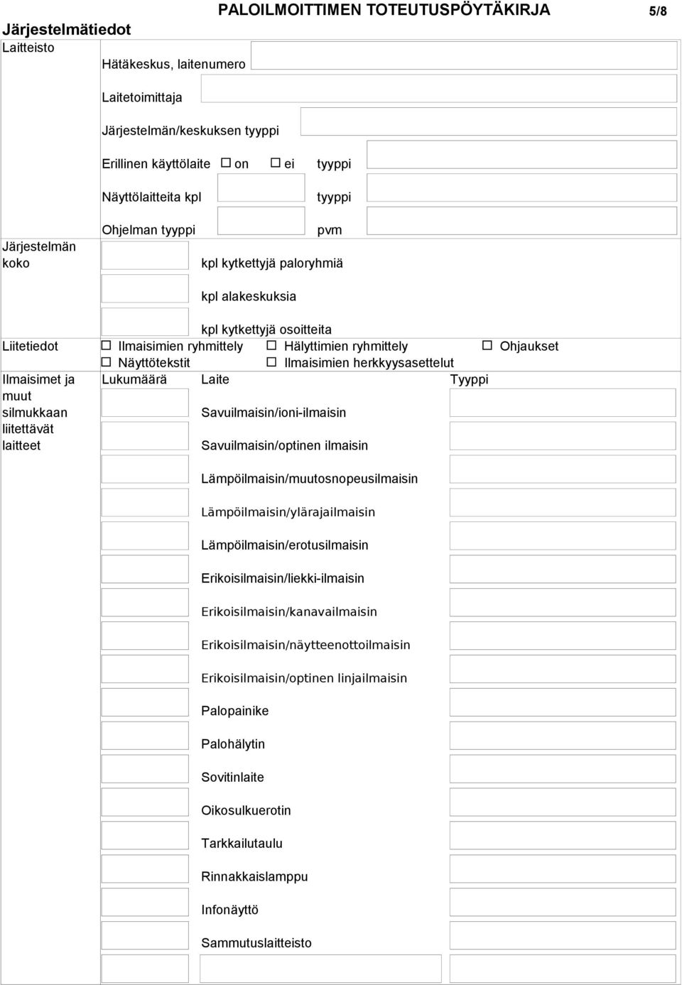 herkkyysasettelut Ilmaisimet ja Lukumäärä Laite Tyyppi muut silmukkaan Savuilmaisin/ioni-ilmaisin liitettävät laitteet Savuilmaisin/optinen ilmaisin Lämpöilmaisin/muutosnopeusilmaisin