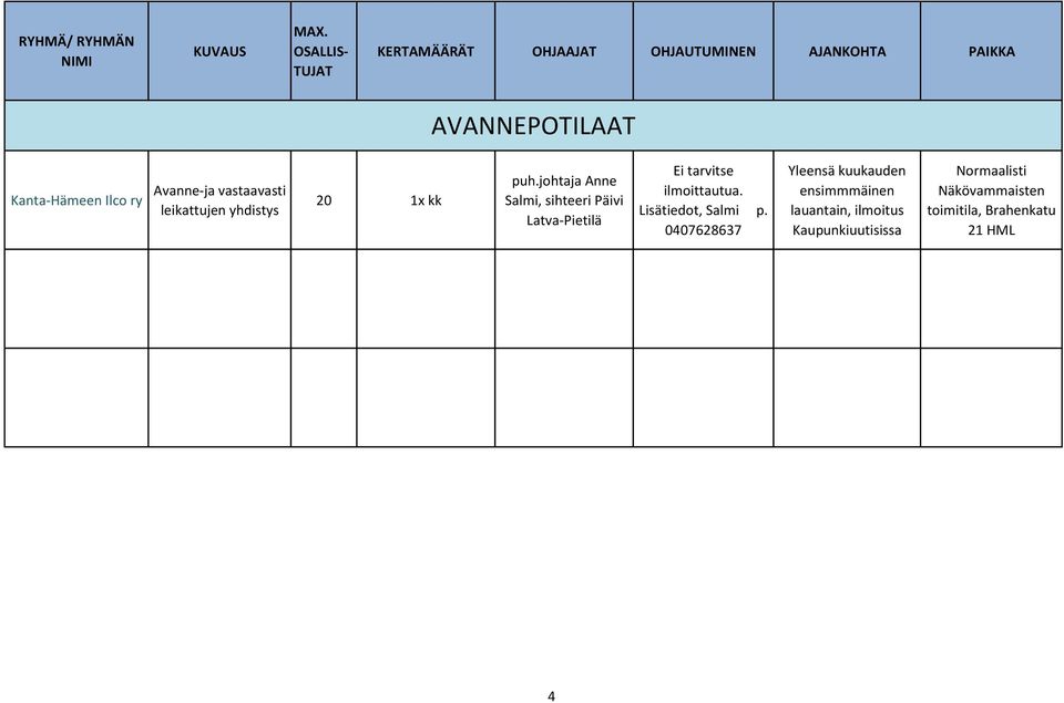 johtaja Anne Salmi, sihteeri Päivi Latva-Pietilä Ei tarvitse ilmoittautua.