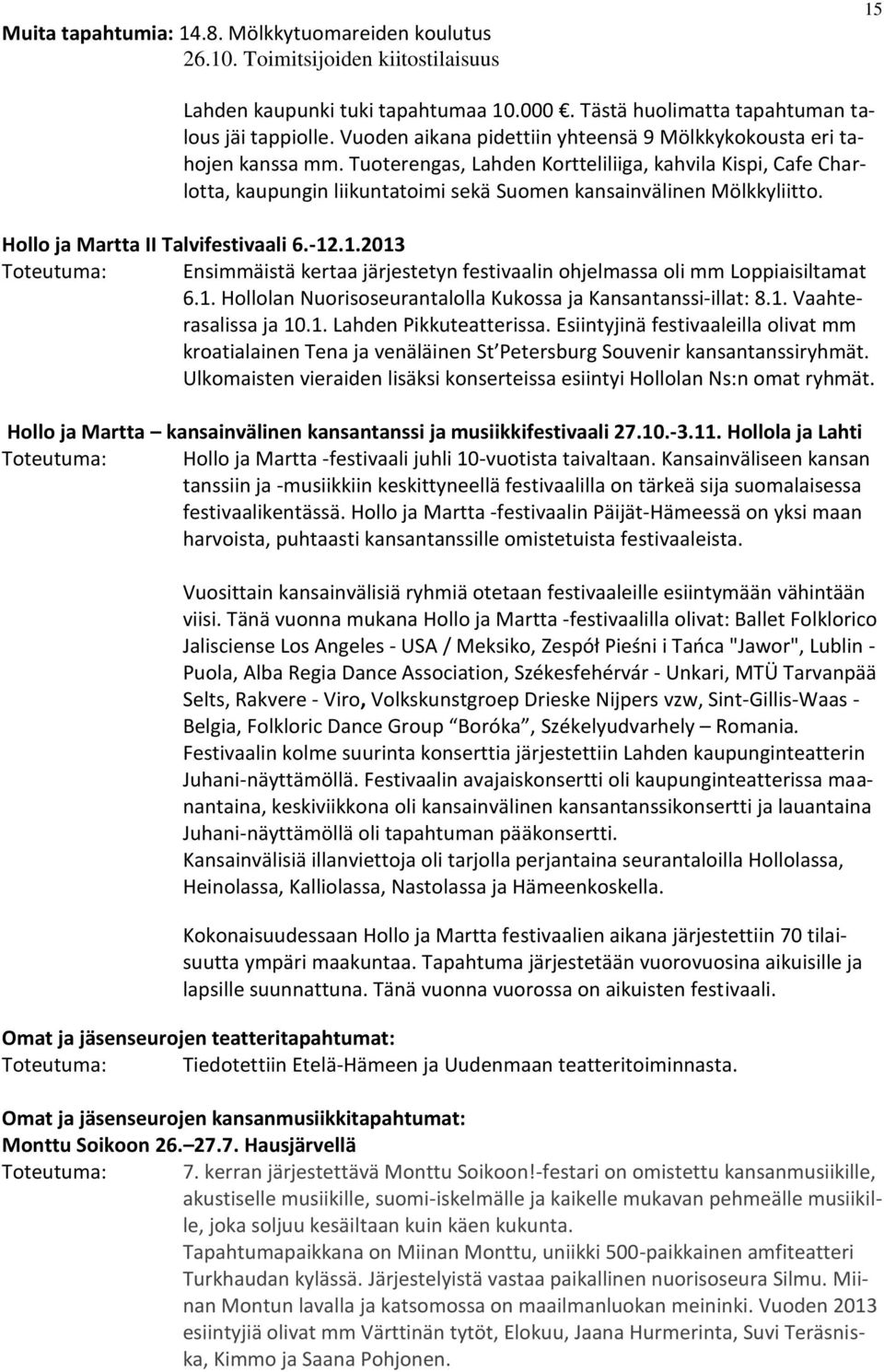 Tuoterengas, Lahden Kortteliliiga, kahvila Kispi, Cafe Charlotta, kaupungin liikuntatoimi sekä Suomen kansainvälinen Mölkkyliitto. Hollo ja Martta II Talvifestivaali 6.-12