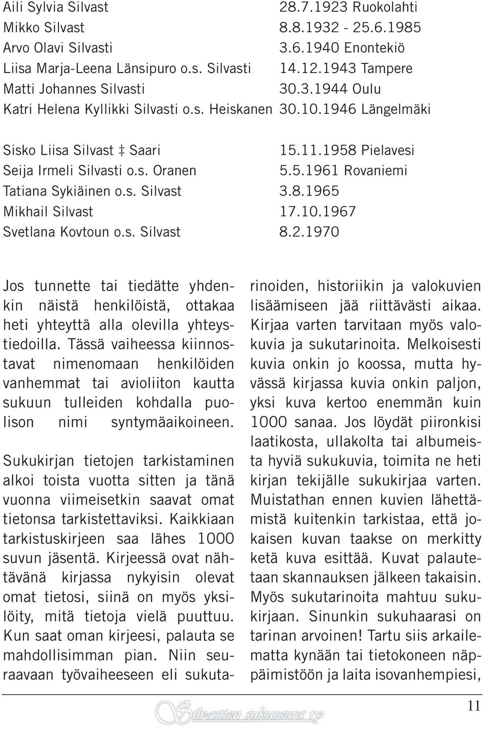 5.1961 Rovaniemi Tatiana Sykiäinen o.s. Silvast 3.8.1965 Mikhail Silvast 17.10.1967 Svetlana Kovtoun o.s. Silvast 8.2.
