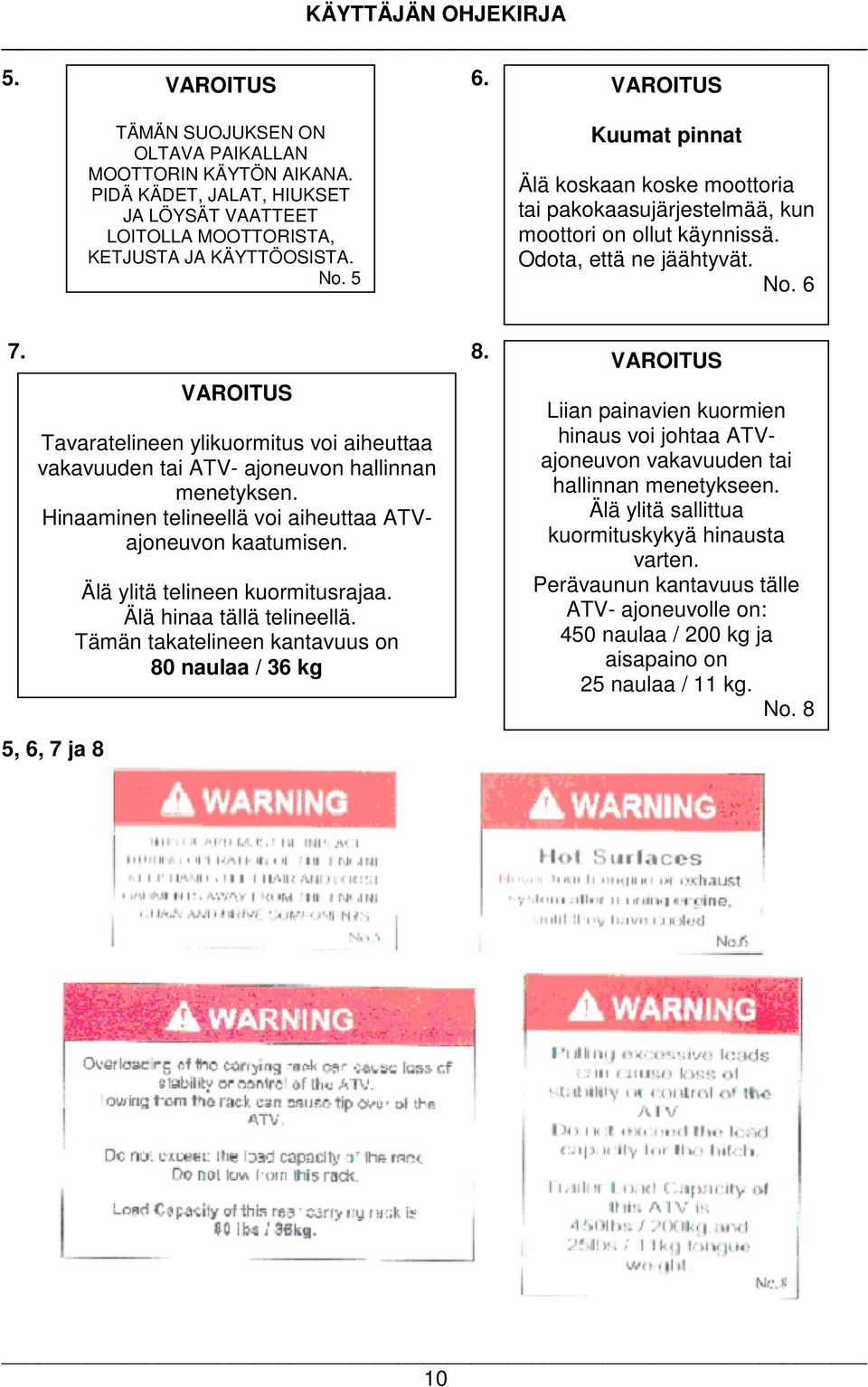 5, 6, 7 ja 8 Tavaratelineen ylikuormitus voi aiheuttaa vakavuuden tai ATV- ajoneuvon hallinnan menetyksen. Hinaaminen telineellä voi aiheuttaa ATVajoneuvon kaatumisen.