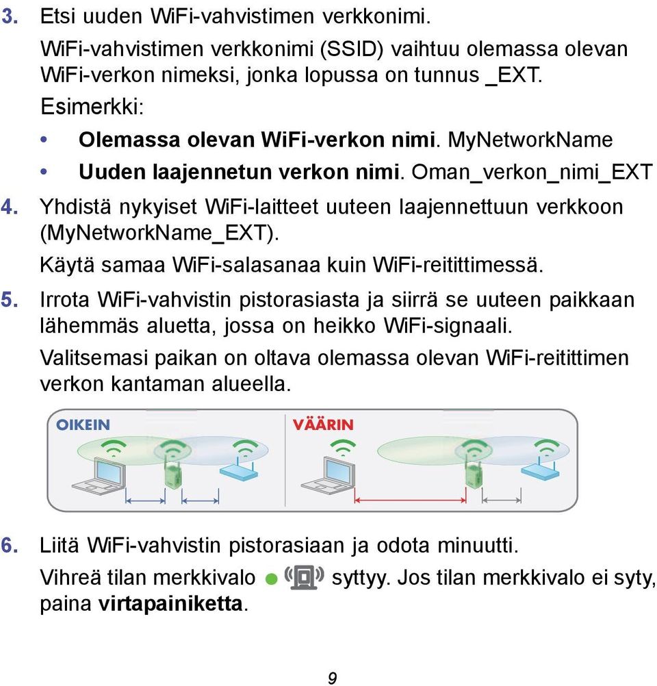 Yhdistä nykyiset WiFi-laitteet uuteen laajennettuun verkkoon (MyNetworkName_EXT). Käytä samaa WiFi-salasanaa kuin WiFi-reitittimessä. 5.