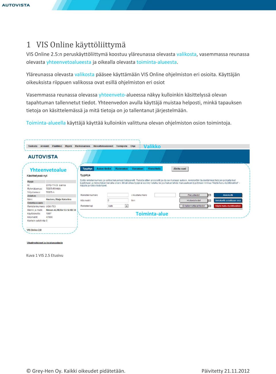 Yläreunassa olevasta valikosta pääsee käyttämään VIS Online ohjelmiston eri osioita.