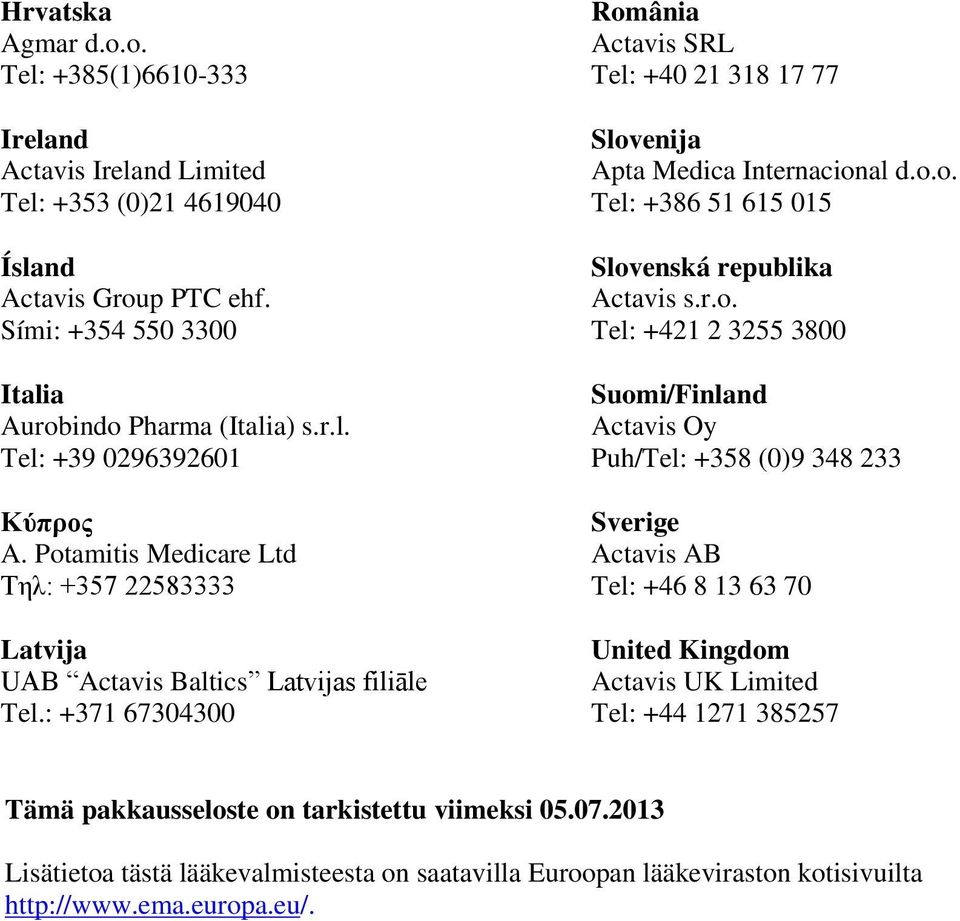 r.o. Tel: +421 2 3255 3800 Suomi/Finland Actavis Oy Puh/Tel: +358 (0)9 348 233 Sverige Actavis AB Tel: +46 8 13 63 70 United Kingdom Actavis UK Limited Tel: +44 1271 385257 Tämä pakkausseloste on