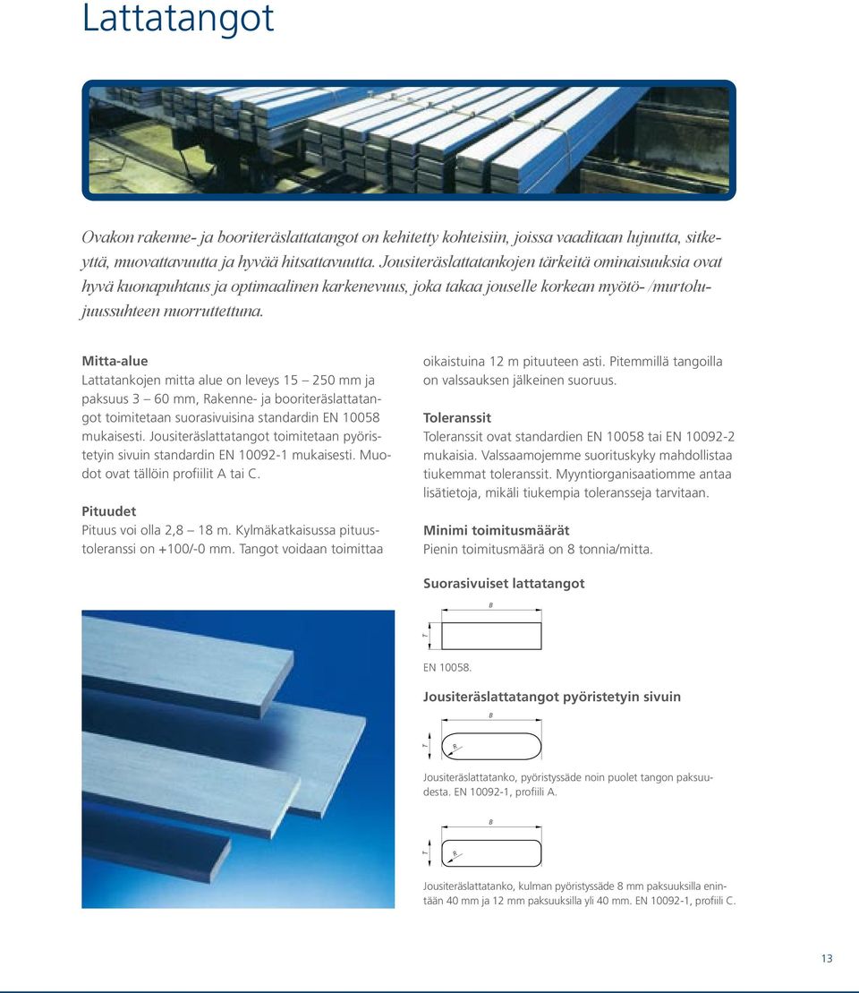 Mitta-alue Lattatankojen mitta alue on leveys 15 250 mm ja paksuus 3 60 mm, Rakenne- ja booriteräslattatangot toimitetaan suorasivuisina standardin EN 10058 mukaisesti.