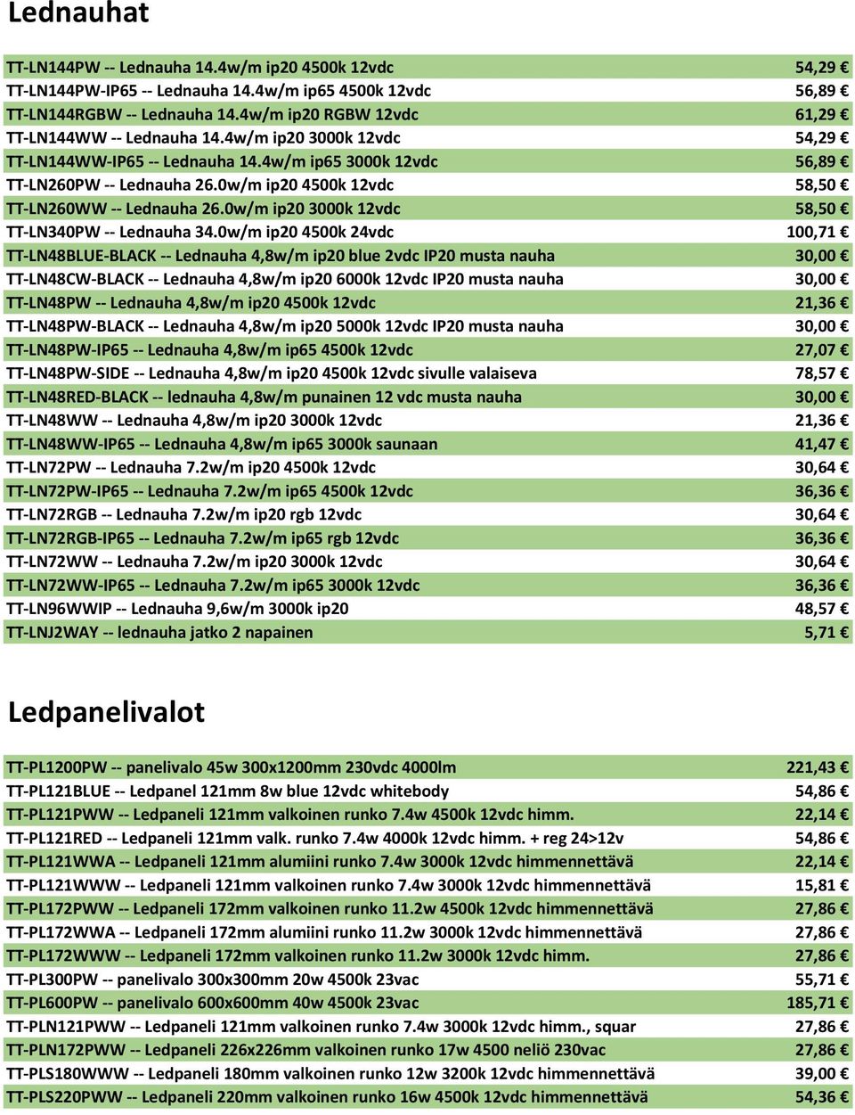 0w/m ip20 4500k 12vdc 58,50 TT-LN260WW -- Lednauha 26.0w/m ip20 3000k 12vdc 58,50 TT-LN340PW -- Lednauha 34.