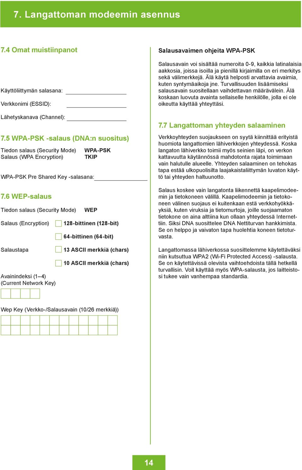 6 WEP-salaus Tiedon salaus (Security Mode) WEP Salaus (Encryption) 128-bittinen (128-bit) 64-bittinen (64-bit) Salausavaimen ohjeita WPA-PSK Salausavain voi sisältää numeroita 0-9, kaikkia