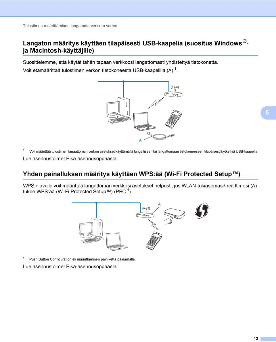 5 A 1 Voit määrittää tulostimen langattoman verkon asetukset käyttämällä langalliseen tai langattomaan tietokoneeseen tilapäisesti kytkettyä USB-kaapelia. Lue asennustoimet Pika-asennusoppaasta.