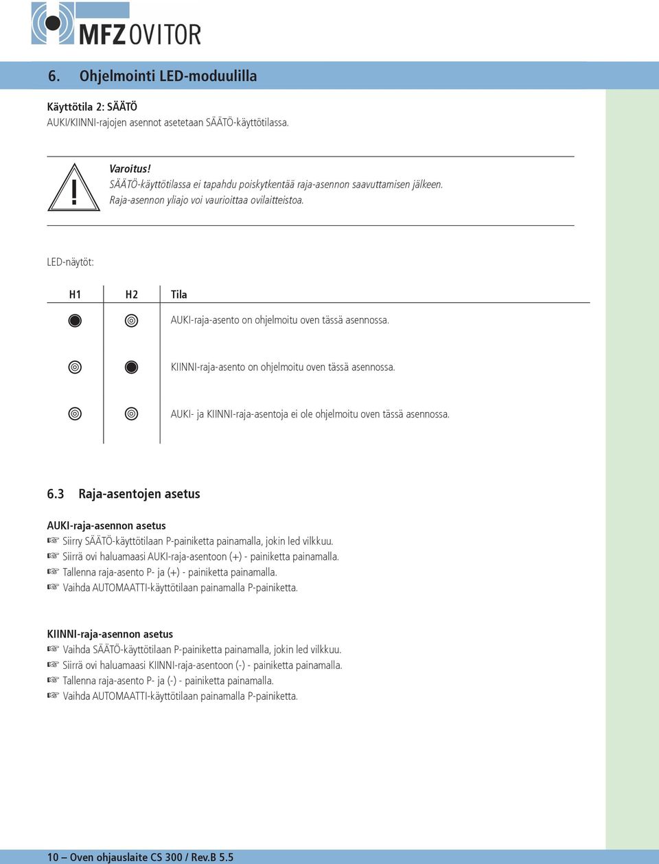 AUKI- ja KIINNI-raja-asentoja ei ole ohjelmoitu oven tässä asennossa. 6. Raja-asentojen asetus AUKI-raja-asennon asetus Siirry SÄÄTÖ-käyttötilaan P-painiketta painamalla, jokin led vilkkuu.