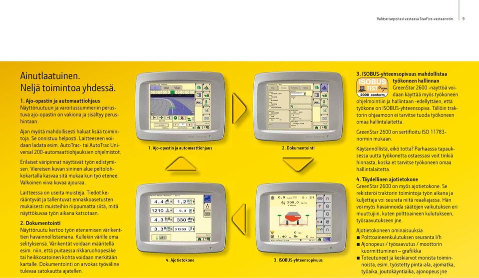 Laitteeseen voidaan ladata esim. AutoTrac- tai AutoTrac Universal 200-automaattiohjauksien ohjelmistot. Erilaiset väripinnat näyttävät työn edistymisen.