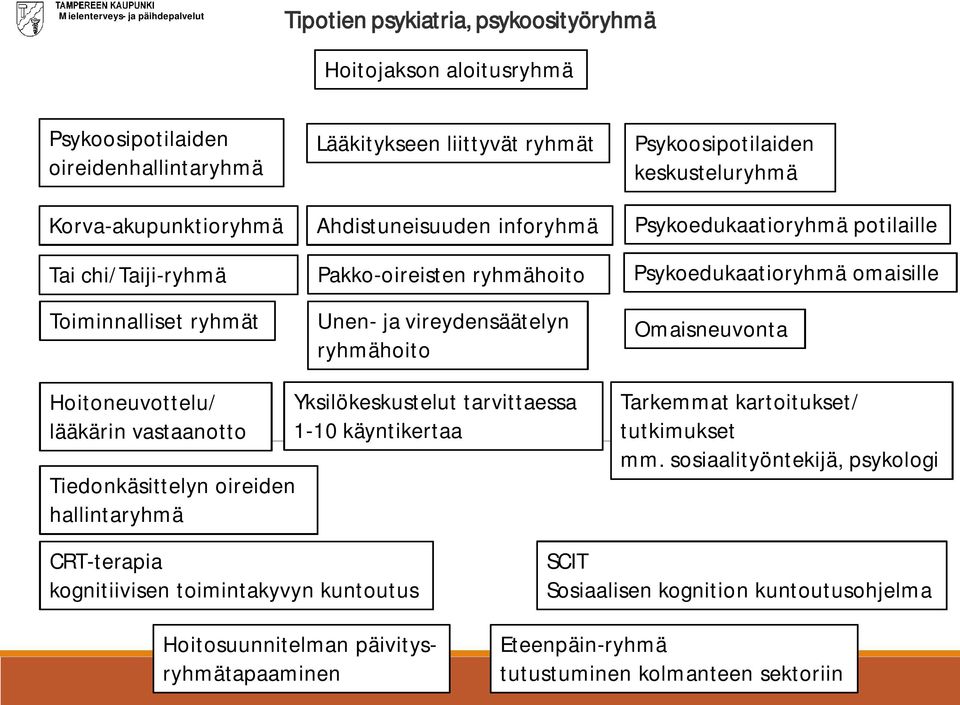 Psykoedukaatioryhmä omaisille Omaisneuvonta Hoitoneuvottelu/ lääkärin vastaanotto Tiedonkäsittelyn oireiden hallintaryhmä Yksilökeskustelut tarvittaessa 1-10 käyntikertaa Tarkemmat kartoitukset/