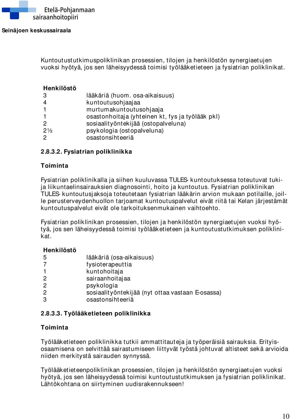 2.8.3.2. Fysiatrian poliklinikka Toiminta Fysiatrian poliklinikalla ja siihen kuuluvassa TULES- kuntoutuksessa toteutuvat tukija liikuntaelinsairauksien diagnosointi, hoito ja kuntoutus.