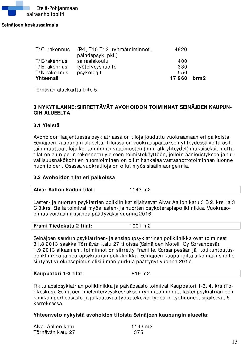 3 NYKYTILANNE: SIIRRETTÄVÄT AVOHOIDON TOIMINNAT SEINÄJOEN KAUPUN- GIN ALUEELTA 3.