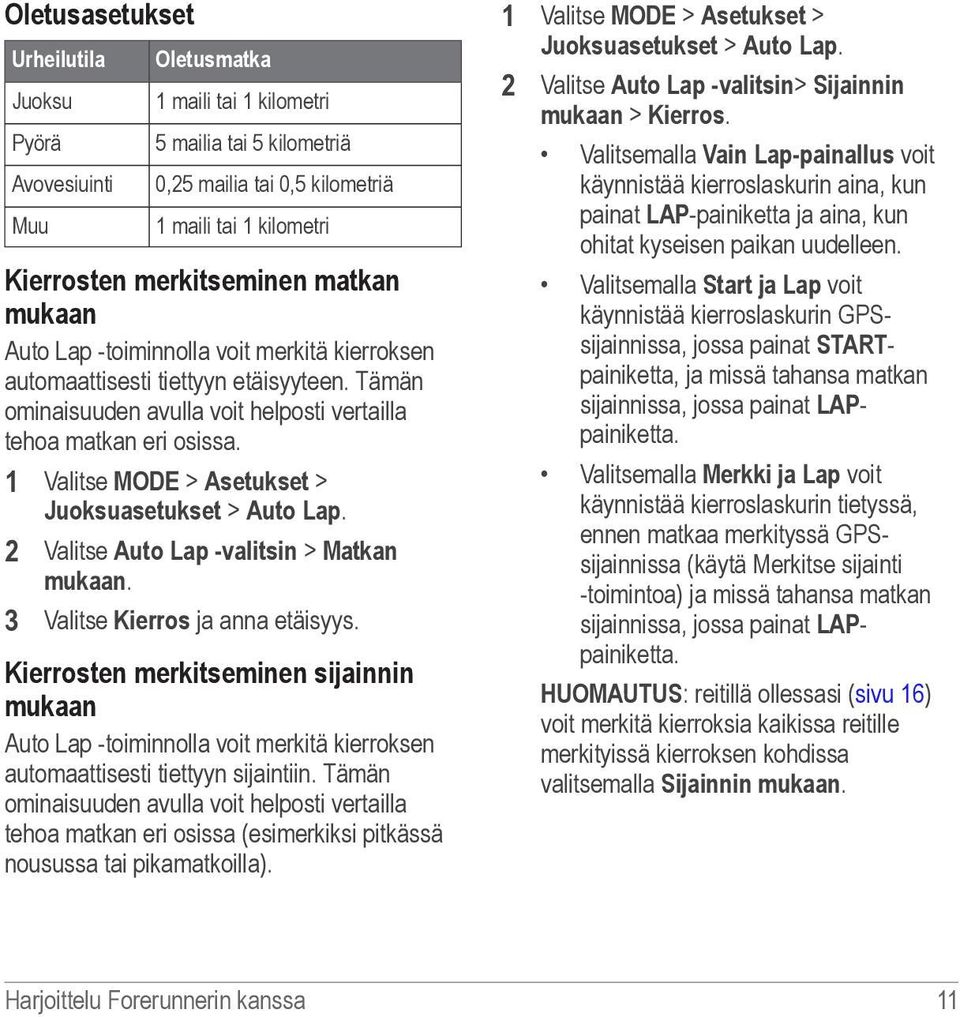 1 Valitse MODE > Asetukset > Juoksuasetukset > Auto Lap. 2 Valitse Auto Lap -valitsin > Matkan mukaan. 3 Valitse Kierros ja anna etäisyys.