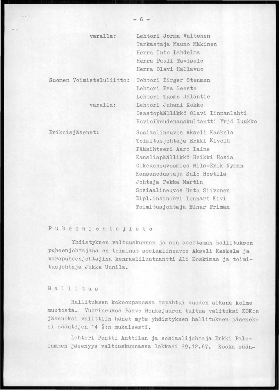 Kansliapäällikkö Heikki Hosia Oikeusneuvosmies Nils-Erik Nyman Kansanedustaja Sulo Hostila Johtaja Pekka Martin Sosiaalineuvos Unto Siivonen Dipl.