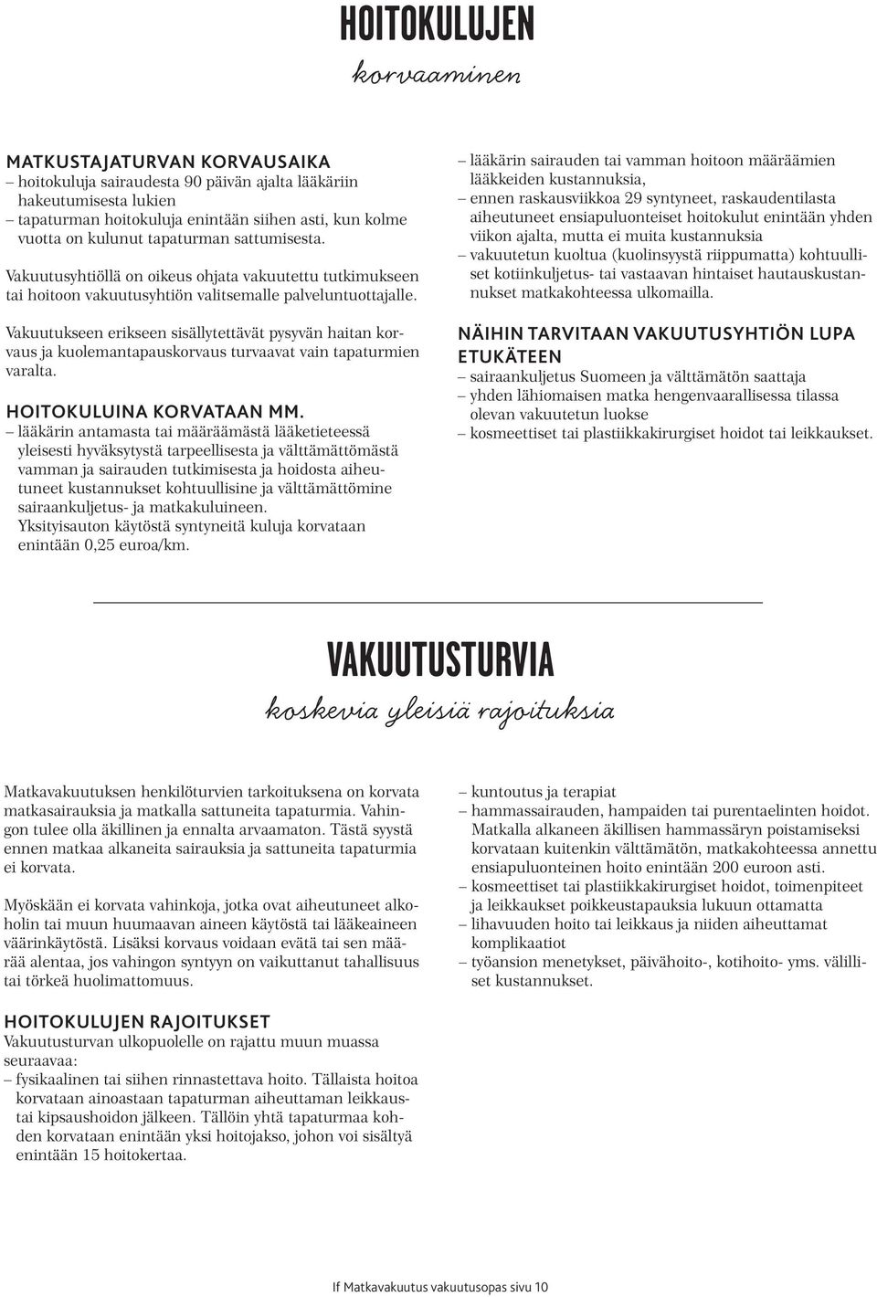 Vakuutukseen erikseen sisällytettävät pysyvän haitan korvaus ja kuolemantapauskorvaus turvaavat vain tapaturmien varalta. HOITOKULUINA KORVATAAN MM.