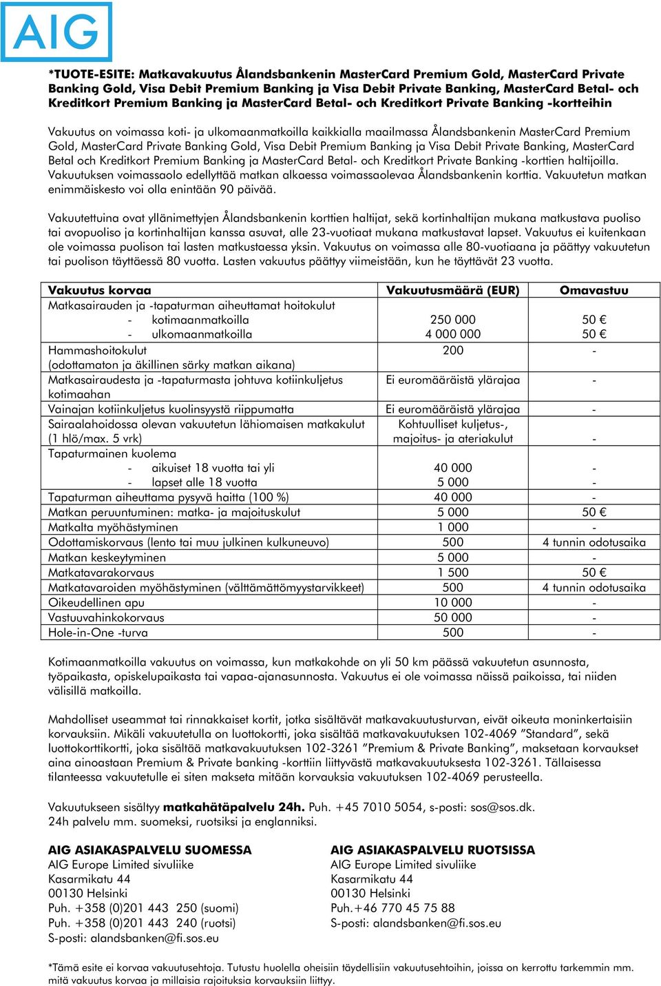 Private Banking Gold, Visa Debit Premium Banking ja Visa Debit Private Banking, MasterCard Betal och Kreditkort Premium Banking ja MasterCard Betal- och Kreditkort Private Banking -korttien