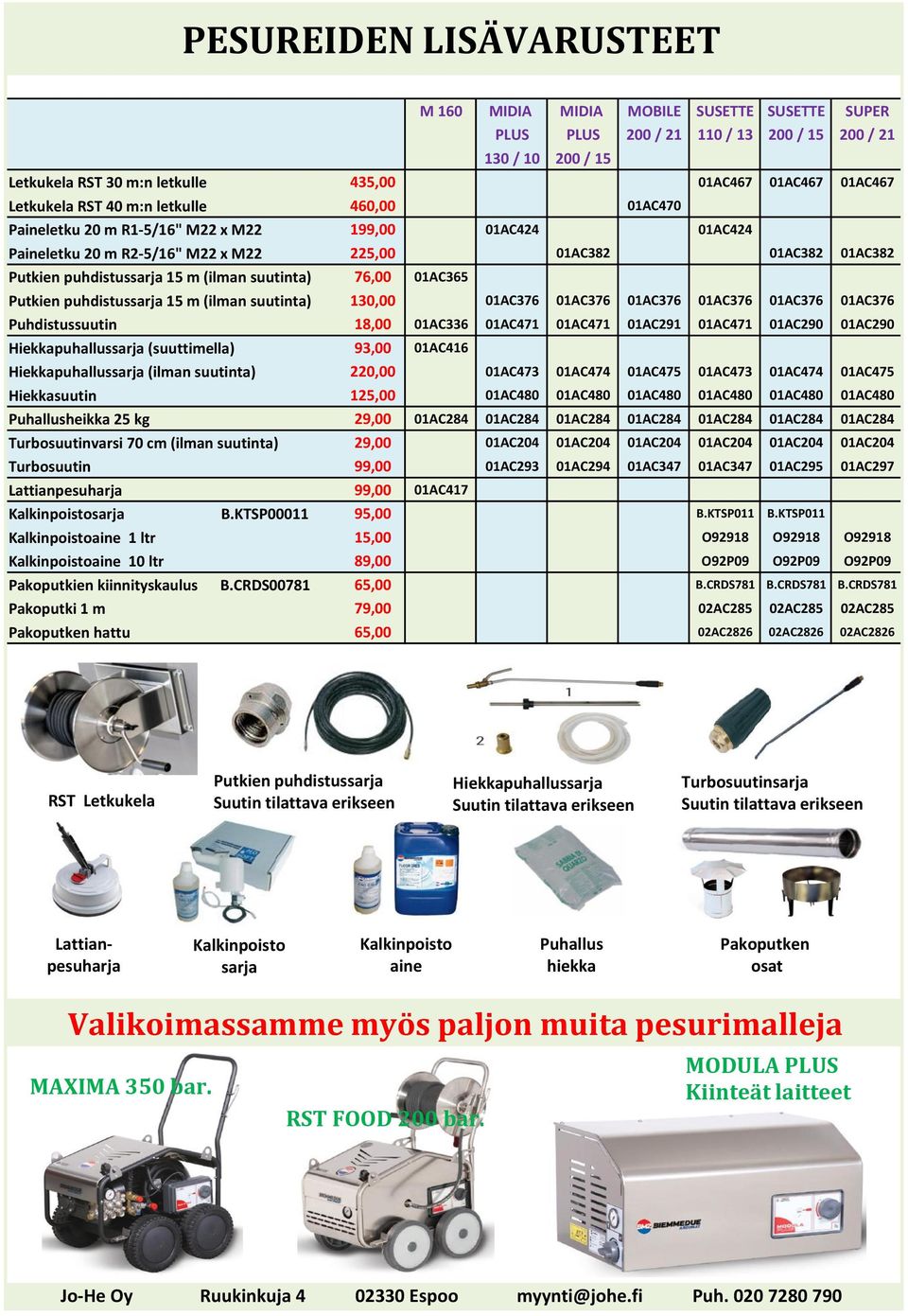 (ilman suutinta) 76,00 01AC365 Putkien puhdistussarja 15 m (ilman suutinta) 130,00 01AC376 01AC376 01AC376 01AC376 01AC376 01AC376 Puhdistussuutin 18,00 01AC336 01AC471 01AC471 01AC291 01AC471