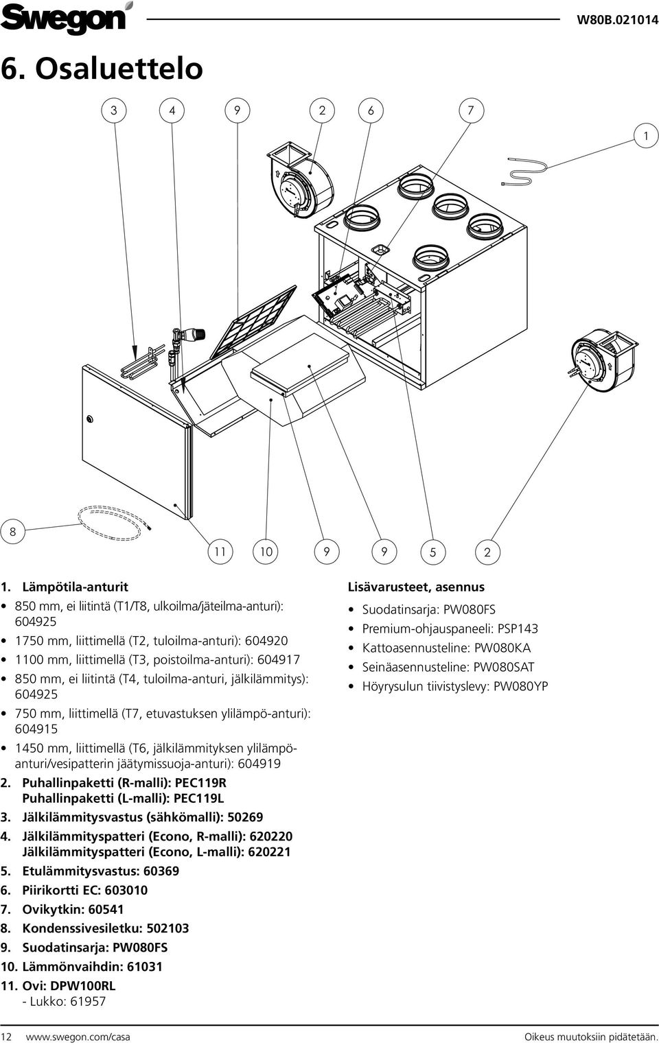 liitintä (T4, tuloilma-anturi, jälkilämmitys): 604925 750 mm, liittimellä (T7, etuvastuksen ylilämpö-anturi): 604915 1450 mm, liittimellä (T6, jälkilämmityksen ylilämpöanturi/vesipatterin