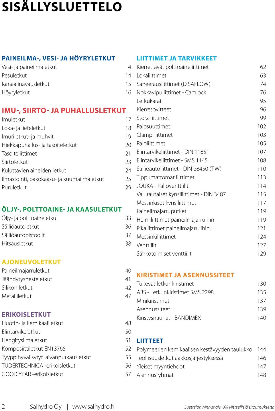 POLTTOAINE- JA KAASULETKUT Öljy- ja polttoaineletkut 33 Säiliöautoletkut 36 Säiliöautopistoolit 37 Hitsausletkut 38 AJONEUVOLETKUT Paineilmajarruletkut 40 Jäähdytysnesteletkut 41 Silikoniletkut 42