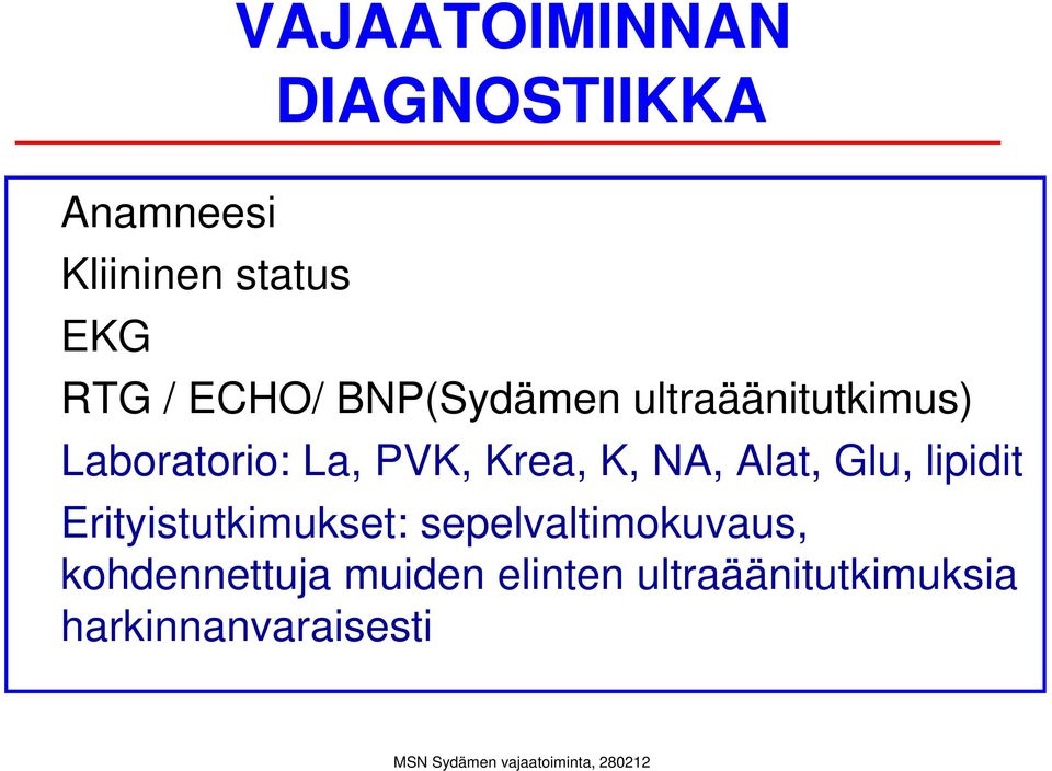 K, NA, Alat, Glu, lipidit Erityistutkimukset: sepelvaltimokuvaus,