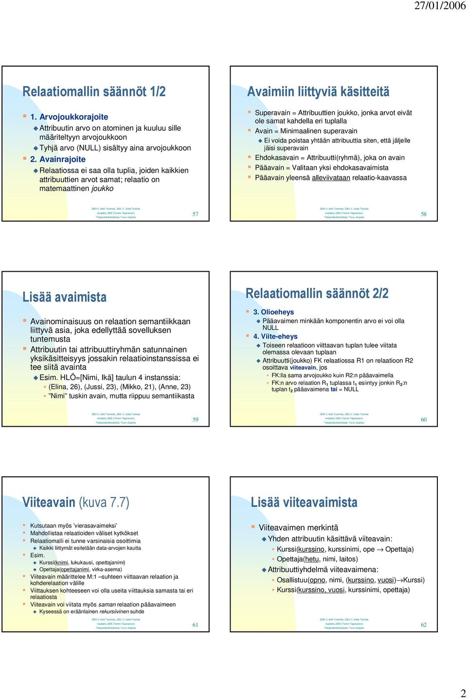 eivät ole samat kahdella eri tuplalla Avain = Minimaalinen superavain Ei voida poistaa yhtään attribuuttia siten, että jäljelle jäisi superavain Ehdokasavain = Attribuutti(ryhmä), joka on avain