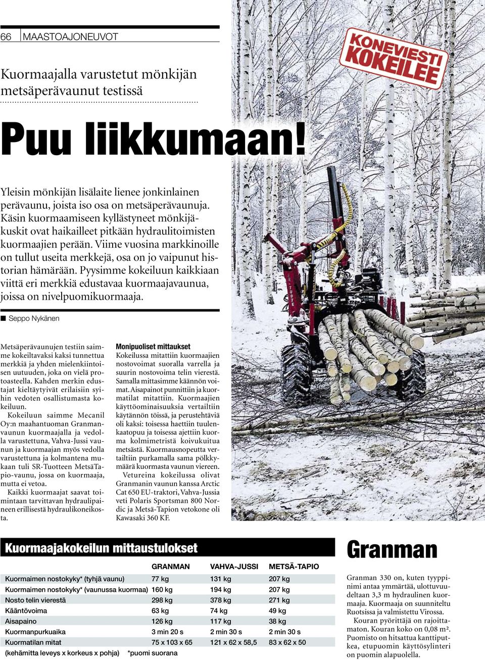 Viime vuosina markkinoille on tullut useita merkkejä, osa on jo vaipunut historian hämärään. Pyysimme kokeiluun kaikkiaan viittä eri merkkiä edustavaa kuormaajavaunua, joissa on nivelpuomikuormaaja.