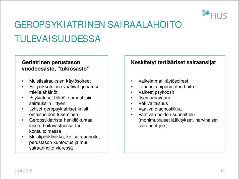 hoitovastuussa tai konsultoimassa Muistipoliklinikka, kotisairaanhoito, perustason kuntoutus ja muu sairaanhoito vieressä Keskitetyt tertiääriset sairaansijat Vaikeimmat