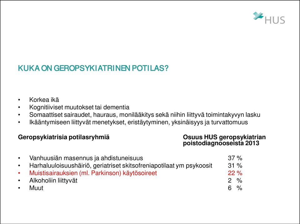 lasku Ikääntymiseen liittyvät menetykset, eristäytyminen, yksinäisyys ja turvattomuus Geropsykiatrisia potilasryhmiä Osuus HUS