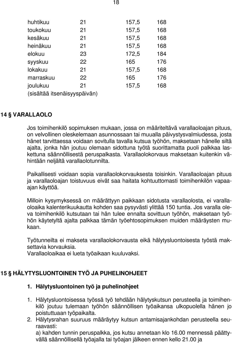 josta hänet tarvittaessa voidaan sovitulla tavalla kutsua työhön, maksetaan hänelle siltä ajalta, jonka hän joutuu olemaan sidottuna työtä suorittamatta puoli palkkaa laskettuna säännöllisestä