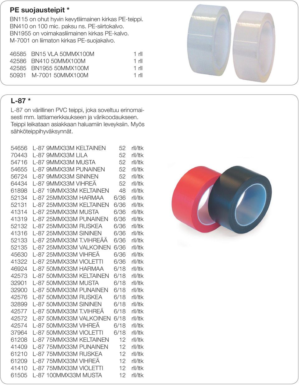 46585 BN15 VLA 50MMX100M 1 rll 42586 BN410 50MMX100M 1 rll 42585 BN1955 50MMX100M 1 rll 50931 M-7001 50MMX100M 1 rll L-87 * L-87 on värillinen PVC teippi, joka soveltuu erinomaisesti mm.