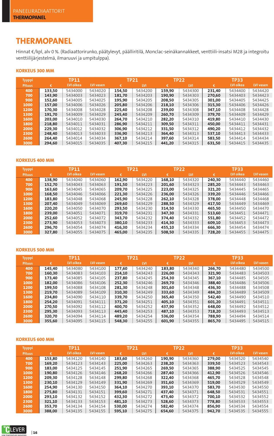 Korkeus 300 mm Tyyppi TP11 TP21 TP22 TP33 Pituus LVI oikea LVI vasen LVI LVI LVI oikea LVI vasen 400 133,50 5434000 5434020 154,50 5434200 159,90 5434300 231,40 5434400 5434420 700 143,90 5434003