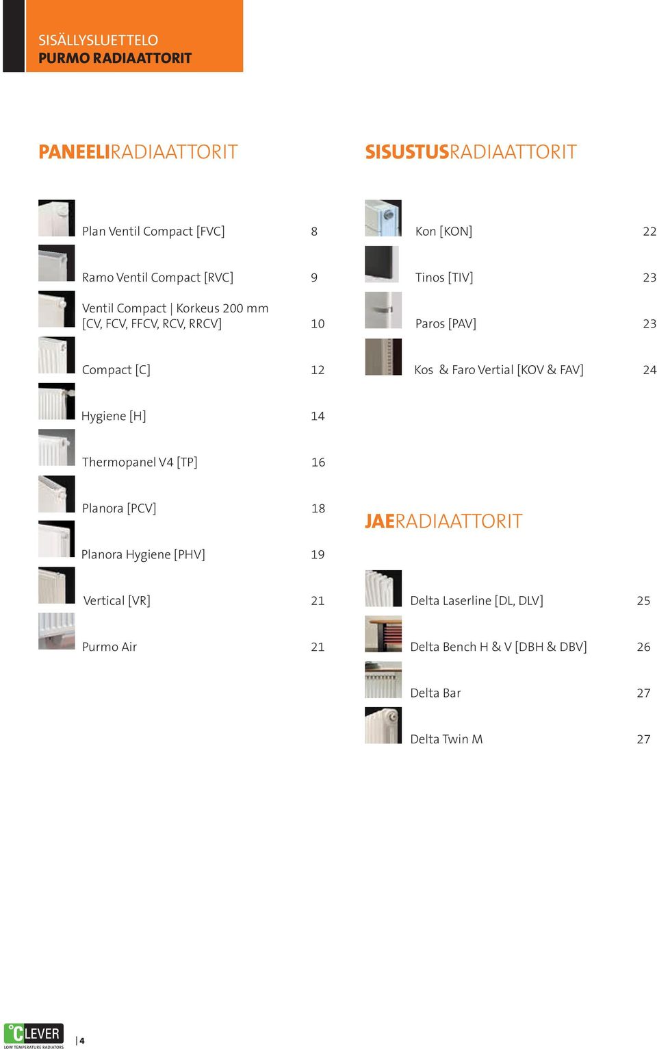 12 Kos & Faro Vertial [KOV & FAV] 24 Hygiene [H] 14 Thermopanel V4 [TP] 16 Planora [PCV] 18 Jaeradiaattorit Planora Hygiene