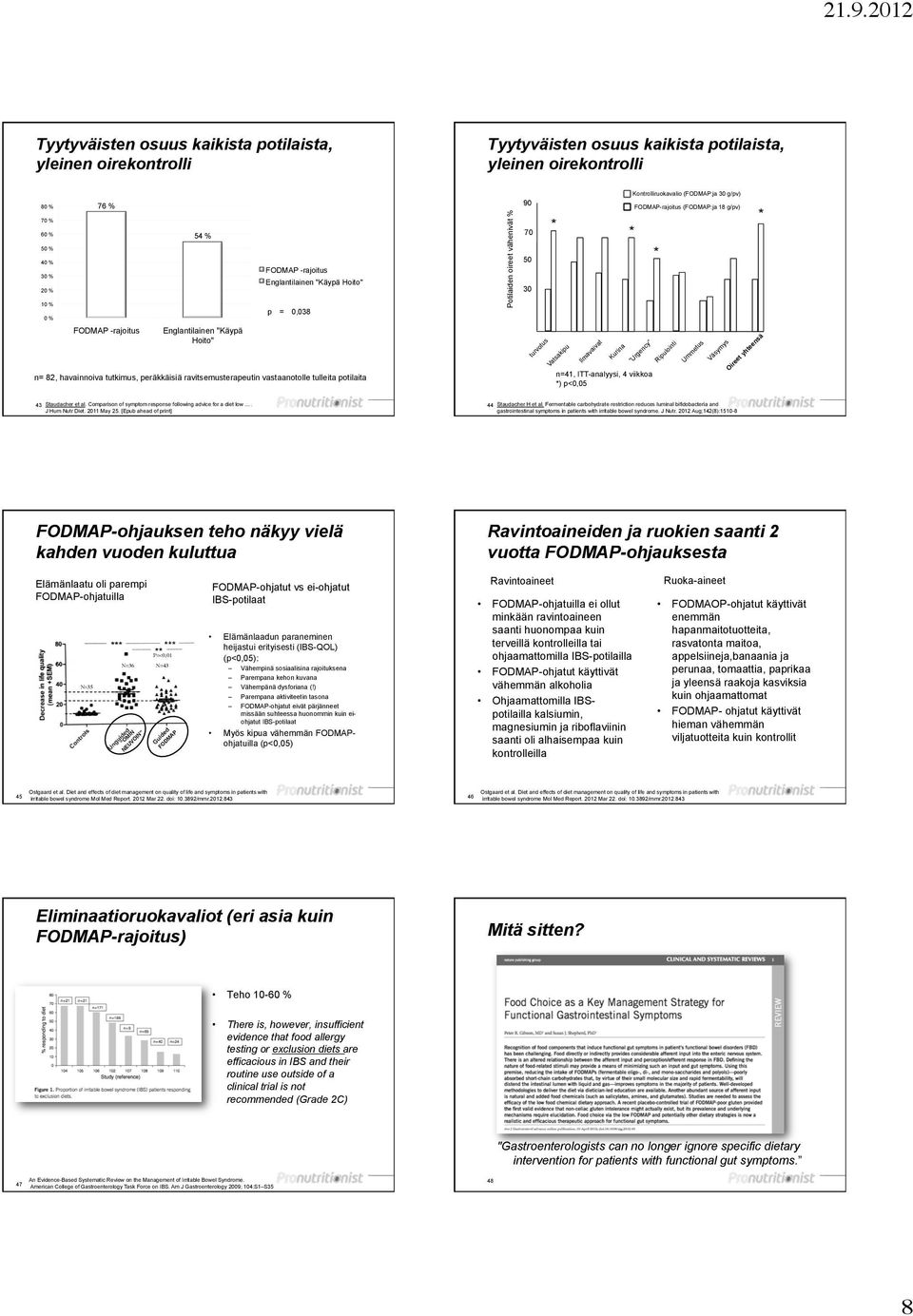 vähenivät % 90 70 50 30 turvotus * Vatsakipu Ilmavaivat Kurina * Urgency n=41, ITT-analyysi, 4 viikkoa *) p<0,05 Kontrolliruokavalio (FODMAP:ja 30 g/pv) FODMAP-rajoitus (FODMAP:ja 18 g/pv) *