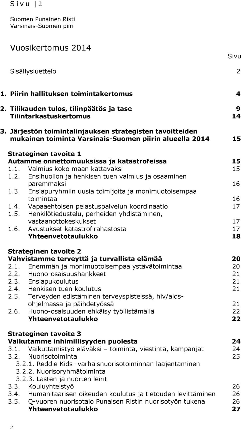 Järjestön toimintalinjauksen strategisten tavoitteiden mukainen toiminta Varsinais-Suomen piirin alueella 15 Strateginen tavoite 1 Autamme onnettomuuksissa ja katastrofeissa 15 1.1. Valmius koko maan kattavaksi 15 1.
