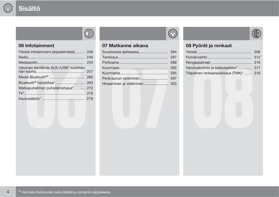 .. 297 Bluetooth handsfree*... 263 Hinaaminen ja vetäminen... 303 Matkapuhelimen puheääniohjaus*... 272 TV*... 276 Kaukosäädin*... 279 08 Pyörät ja renkaat 08 Yleistä.