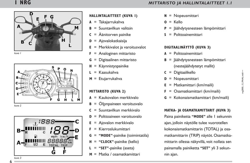 Ajovalokatkaisija E = Merkkivalot ja varoitusvalot DIGITAALINÄYTTÖ (KUVA 3) kuva 1 F = Analoginen mittaristo A = Polttoainemittari G = Digitaalinen mittaristo B = Jäähdytysnesteen lämpömittari H =