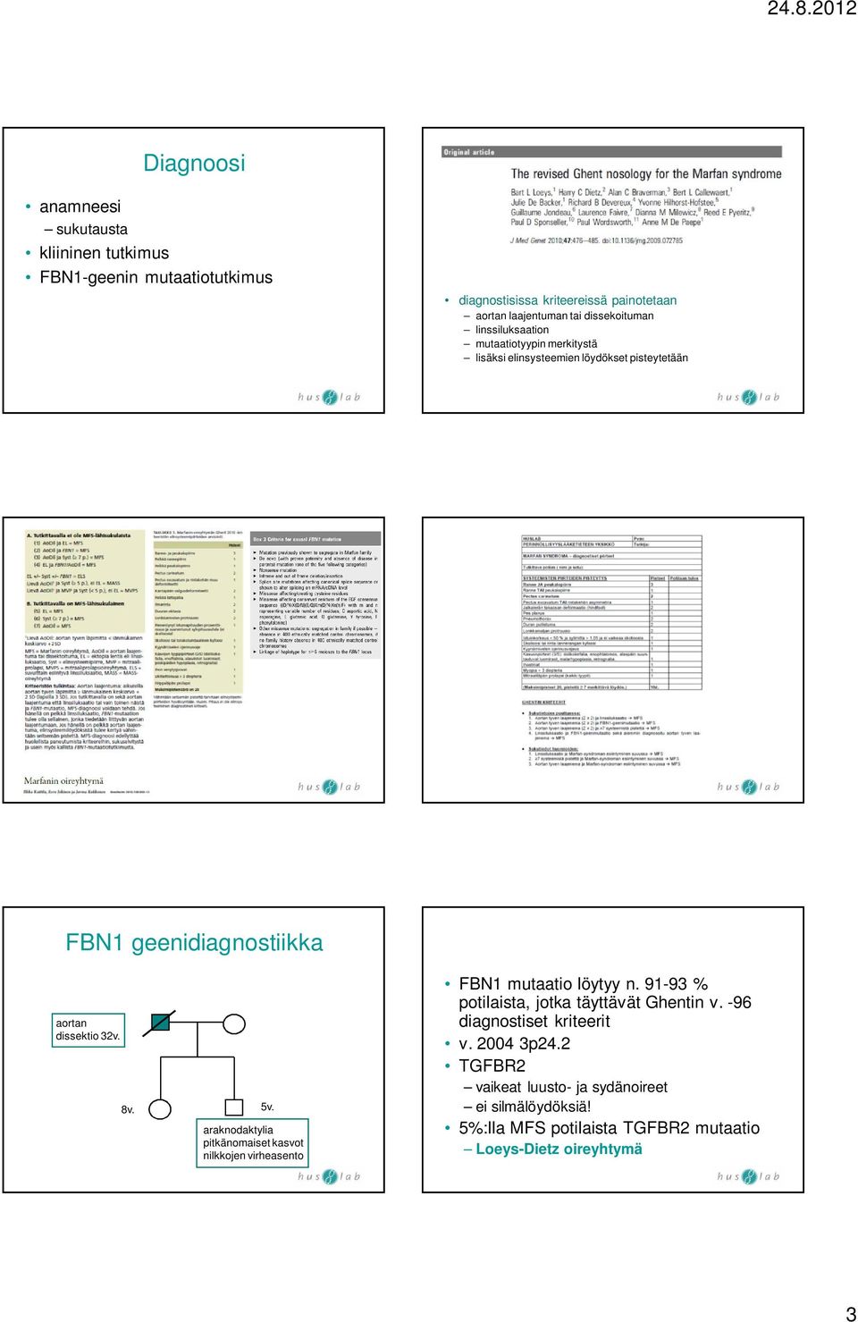 8v. 5v. araknodaktylia pitkänomaiset kasvot nilkkojen virheasento FBN1 mutaatio löytyy n. 91-93 % potilaista, jotka täyttävät Ghentin v.