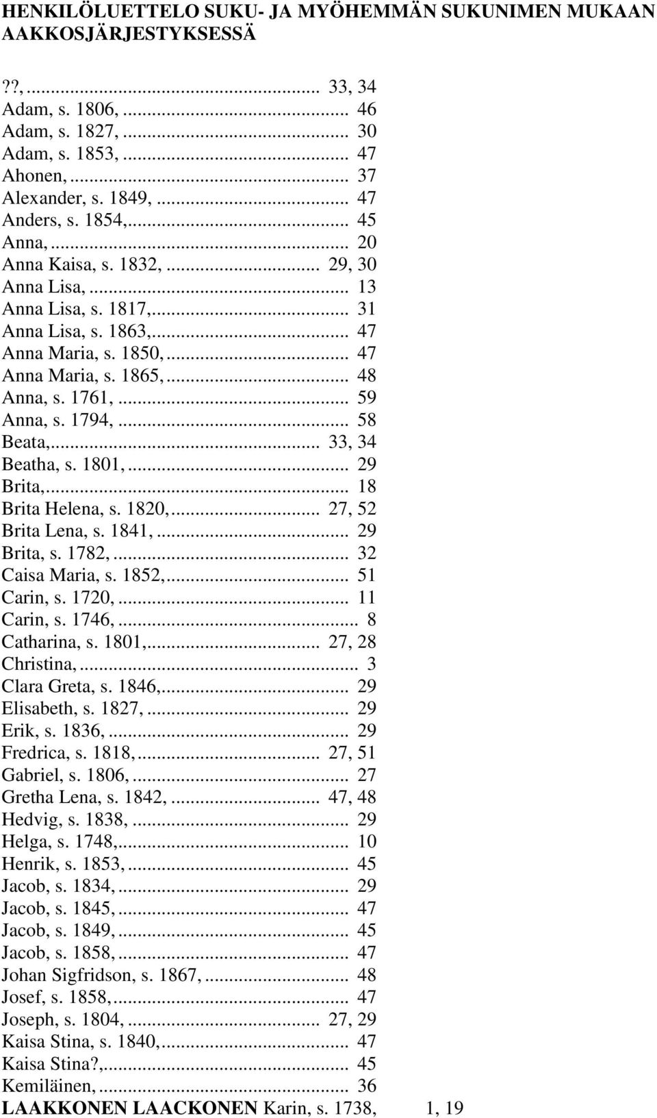 1863, 47 Anna Maria, s 1850, 47 Anna Maria, s 1865, 48 Anna, s 1761, 59 Anna, s 1794, 58 Beata, 33, 34 Beatha, s 1801, 29 Brita, 18 Brita Helena, s 1820, 27, 52 Brita Lena, s 1841, 29 Brita, s 1782,