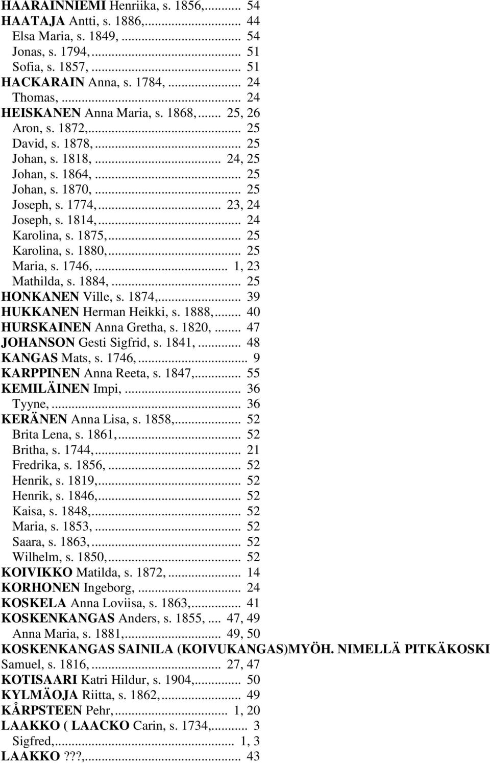 Mathilda, s 1884, 25 HONKANEN Ville, s 1874, 39 HUKKANEN Herman Heikki, s 1888, 40 HURSKAINEN Anna Gretha, s 1820, 47 JOHANSON Gesti Sigfrid, s 1841, 48 KANGAS Mats, s 1746, 9 KARPPINEN Anna Reeta, s