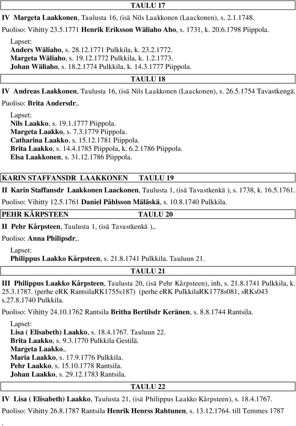 2651754 Tavastkengä Puoliso: Brita Andersdr, Nils Laakko, s 1911777 Piippola Margeta Laakko, s 731779 Piippola Catharina Laakko, s 15121781 Piippola Brita Laakko, s 1441785 Piippola, k 621786