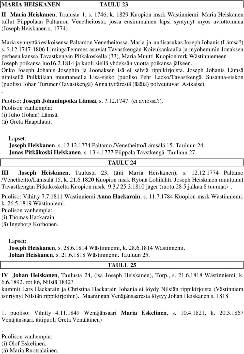 121747-1806 LimingaTemmes asuviat Tavastkengän Koivukankaalla ja myöhemmin Jonaksen perheen kanssa Tavastkengän Pitkäkoskella (33), Maria Muutti Kuopion mrk Wästinniemeen Joseph poikansa luo1621814