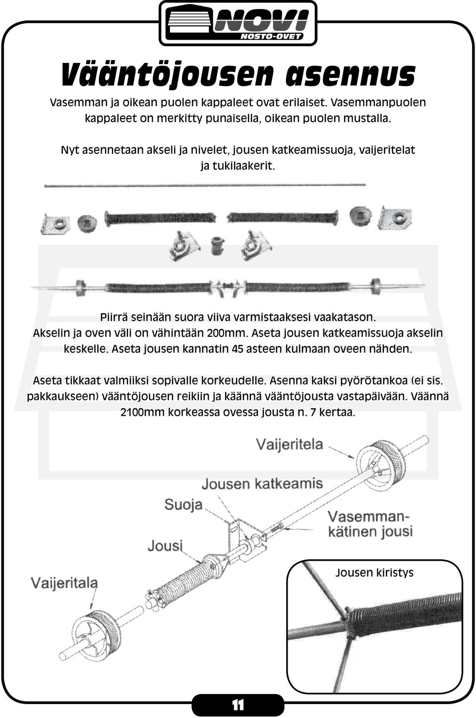 Akselin ja oven väli on vähintään 200mm. Aseta jousen katkeamissuoja akselin keskelle. Aseta jousen kannatin 45 asteen kulmaan oveen nähden.