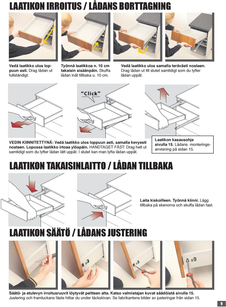 HANDTAGET FÄST: Drag helt ut samtidigt som du lyfter lådan lätt uppåt. I slutet kan man lyfta lådan uppåt. Laatikon kasausohje sivulla 15. Lådans monteringsanvisning på sidan 15.