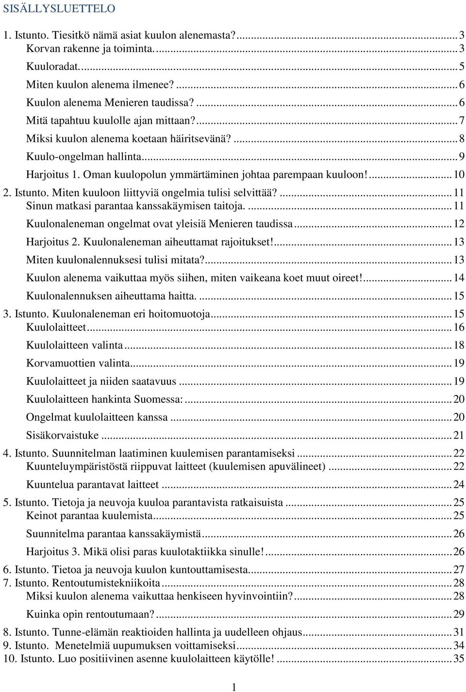 Istunto. Miten kuuloon liittyviä ongelmia tulisi selvittää?... 11 Sinun matkasi parantaa kanssakäymisen taitoja.... 11 Kuulonaleneman ongelmat ovat yleisiä Menieren taudissa... 12 Harjoitus 2.