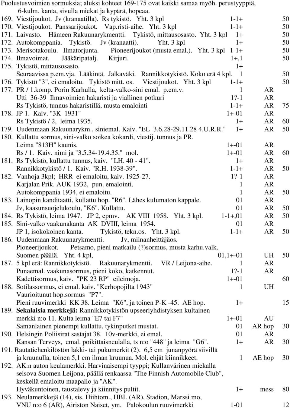 Yht. 3 kpl 1+ 50 173. Merisotakoulu. Ilmatorjunta. Pioneerijoukot (musta emal.). Yht. 3 kpl 1-1+ 50 174. Ilmavoimat. Jääkäripatalj. Kirjuri. 1+,1 50 175. Tykistö, mittausosasto. 1+ Seuraavissa p.em.vja.