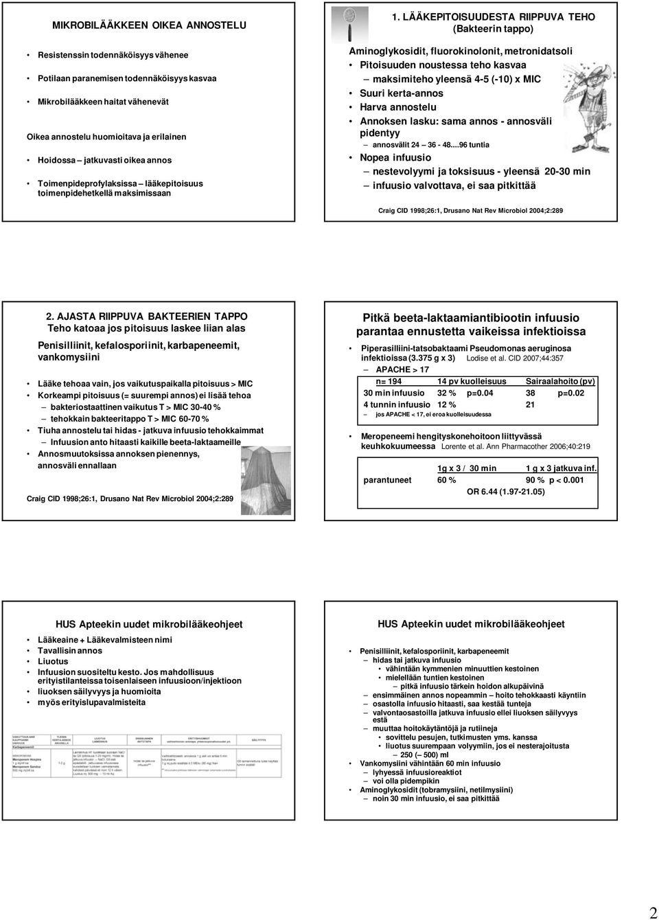 LÄÄKEPITOISUUDESTA RIIPPUVA TEHO (Bakteerin tappo) Aminoglykosidit, fluorokinolonit, metronidatsoli Pitoisuuden noustessa teho kasvaa maksimiteho yleensä 4-5 (-10) x MIC Suuri kerta-annos Harva