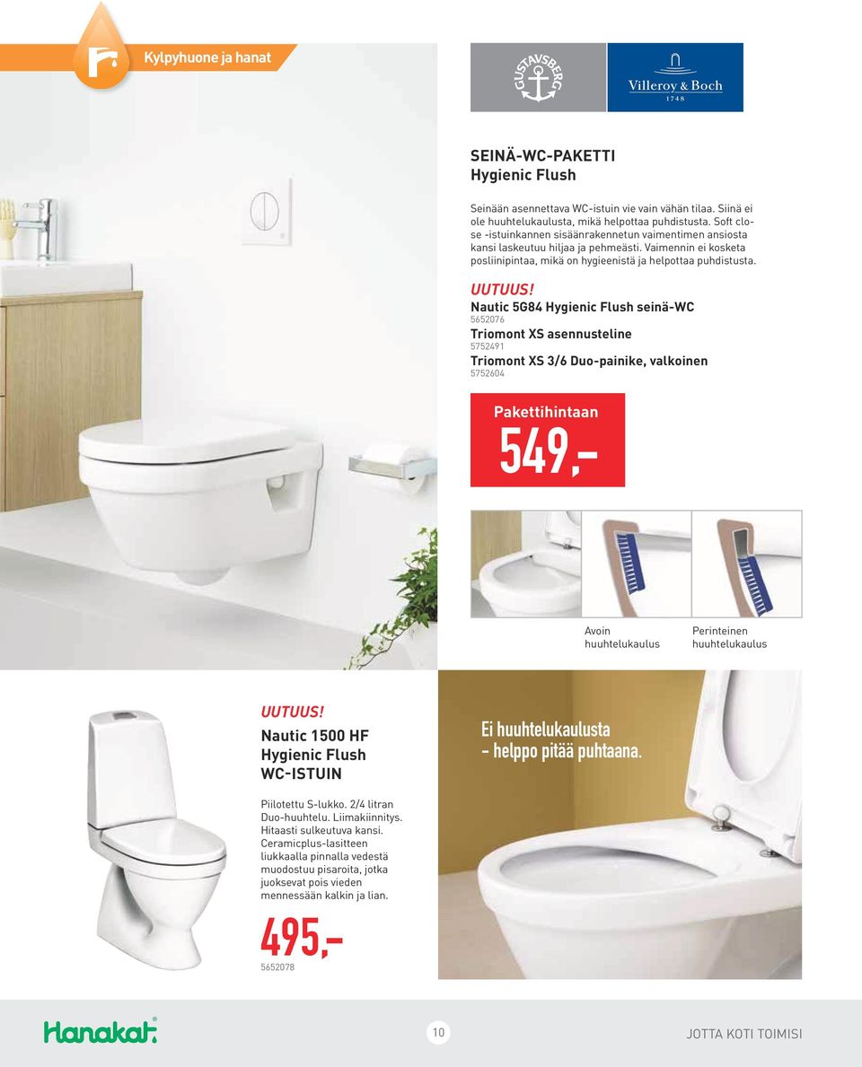 Nautic 5G84 Hygienic Flush seinä-wc 5652076 Triomont XS asennusteline 5752491 Triomont XS 3/6 Duo-painike, valkoinen 5752604 Pakettihintaan 549,- Avoin huuhtelukaulus Perinteinen huuhtelukaulus