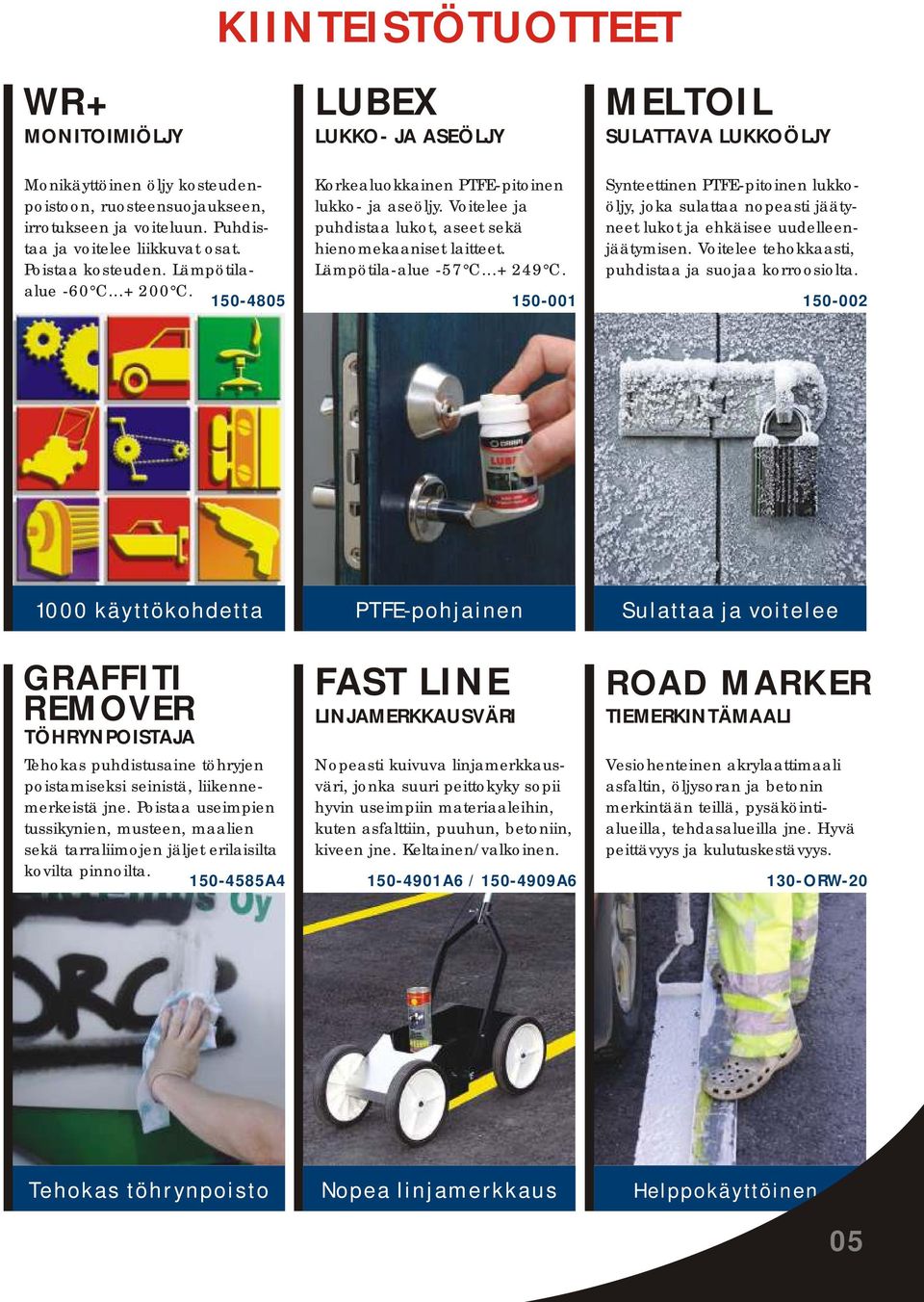 ..+249 C. 150-001 Synteettinen PTFE-pitoinen lukkoöljy, joka sulattaa nopeasti jäätyneet lukot ja ehkäisee uudelleenjäätymisen. Voitelee tehokkaasti, puhdistaa ja suojaa korroosiolta.