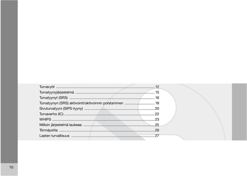 .. 18 Sivuturvatyyni (SIPS-tyyny)...20 Turvaverho (IC)...22 WHIPS.